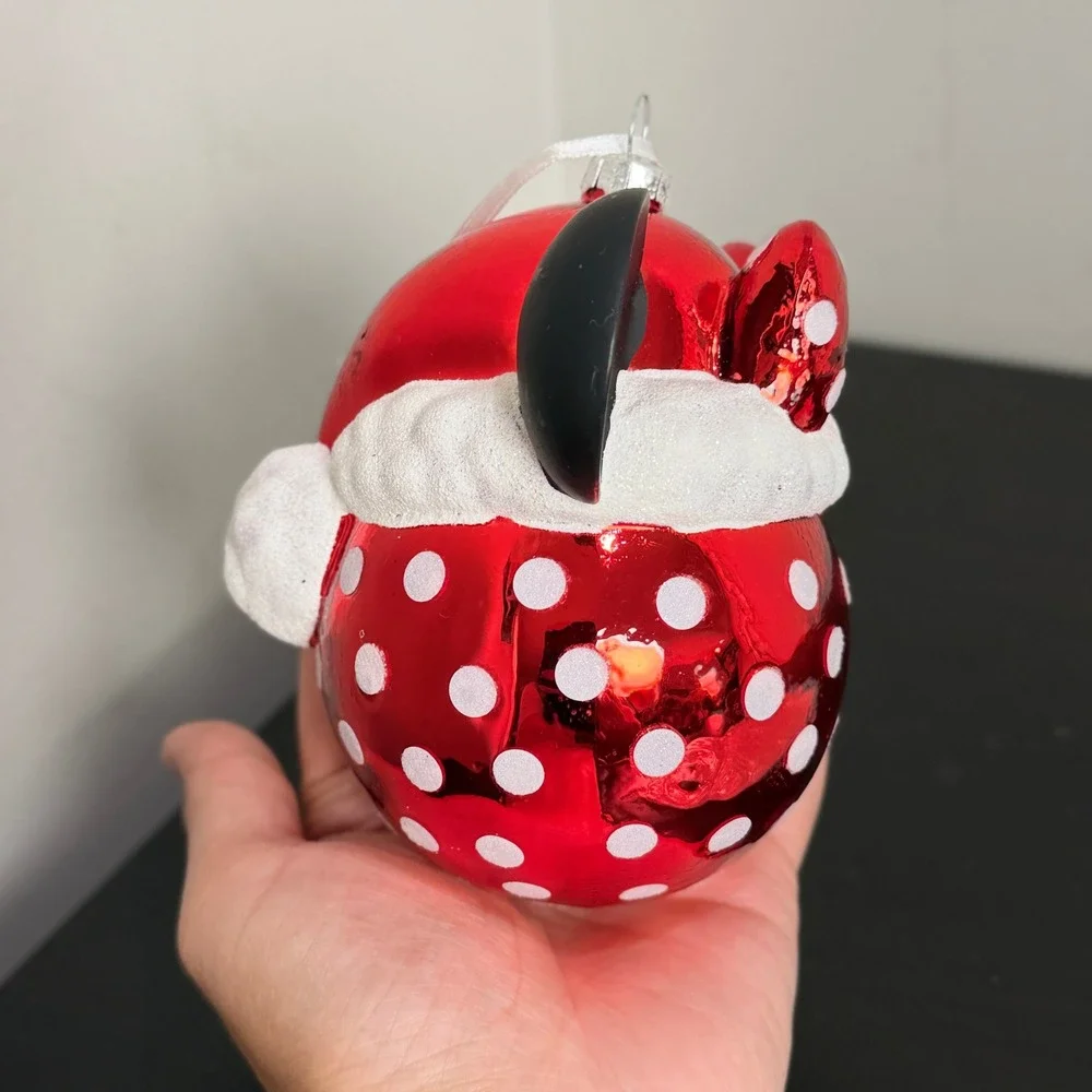 Disney Minnie Mouse Red Polka Dot Glass Christmas Ornament with Ears and Bow